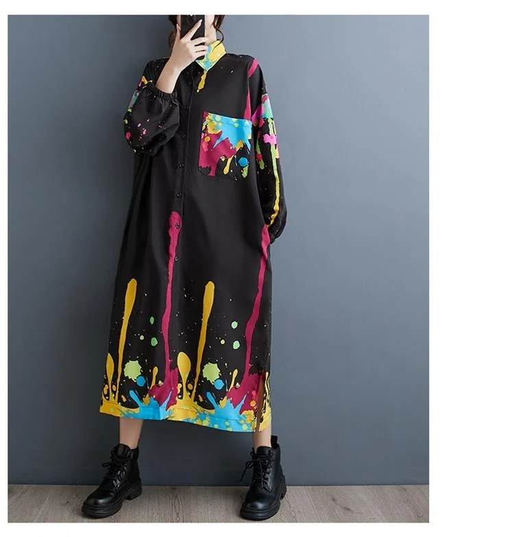 Amax luluE 2025 Autumn Luxury Streetwear Womens Fashion Loose Printed Design Dresses Ladies Casual Vintage Classic Long Vestidos