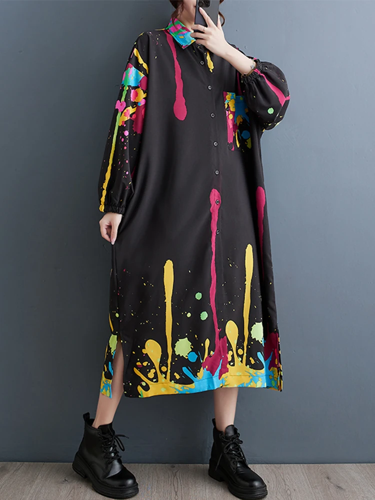 Amax luluE 2025 Autumn Luxury Streetwear Womens Fashion Loose Printed Design Dresses Ladies Casual Vintage Classic Long Vestidos