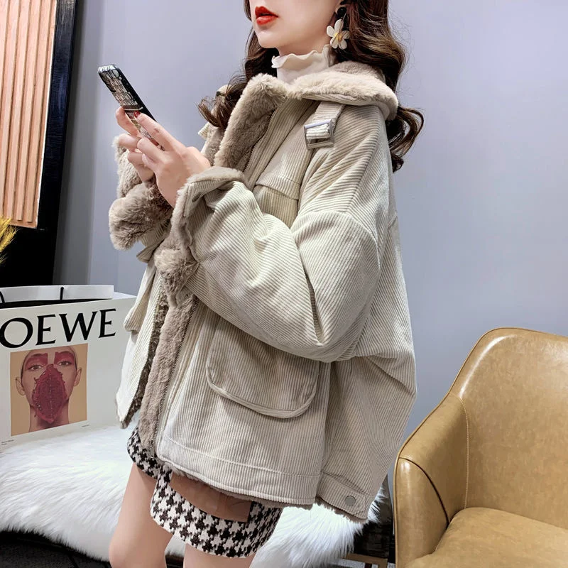 Women's Fleece Lining Zipper Lambswool Cotton Coat Autumn Winter Jacket Women Corduroy Parkas Loose Thicken Warm Short Coat C365
