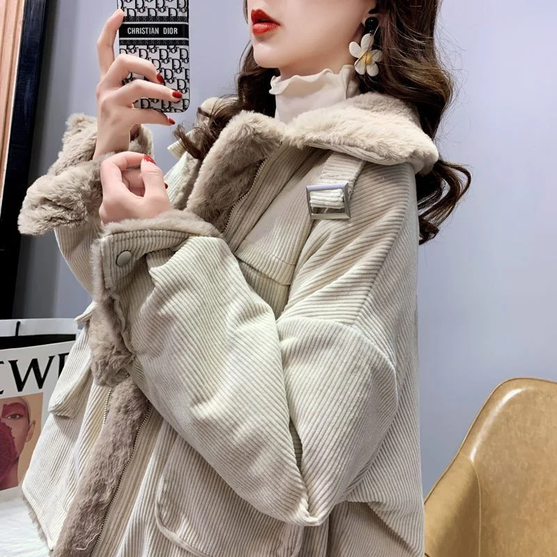 Women's Fleece Lining Zipper Lambswool Cotton Coat Autumn Winter Jacket Women Corduroy Parkas Loose Thicken Warm Short Coat C365