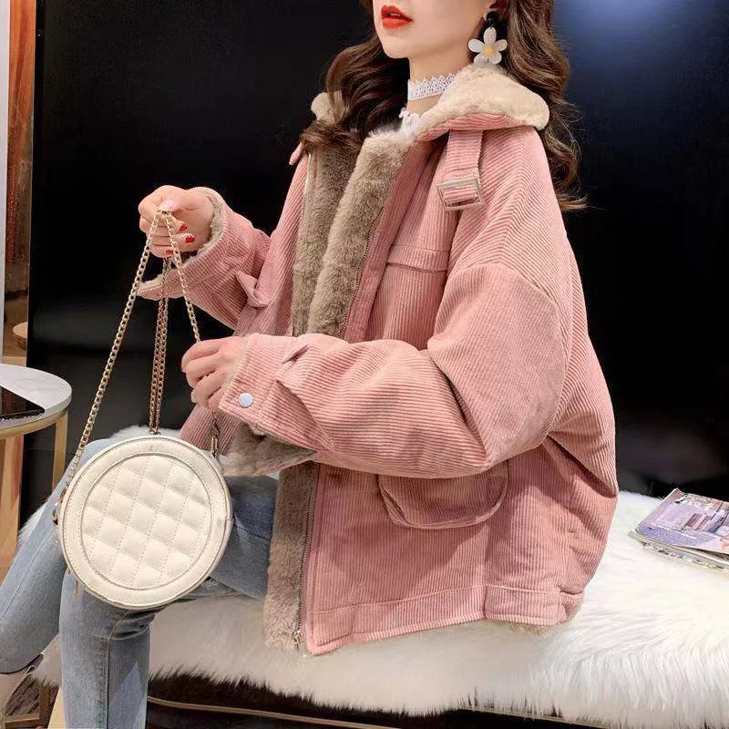 Women's Fleece Lining Zipper Lambswool Cotton Coat Autumn Winter Jacket Women Corduroy Parkas Loose Thicken Warm Short Coat C365