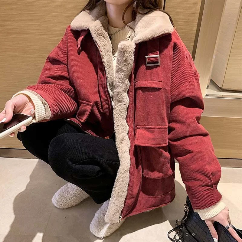 Women's Fleece Lining Zipper Lambswool Cotton Coat Autumn Winter Jacket Women Corduroy Parkas Loose Thicken Warm Short Coat C365