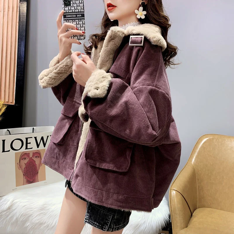 Women's Fleece Lining Zipper Lambswool Cotton Coat Autumn Winter Jacket Women Corduroy Parkas Loose Thicken Warm Short Coat C365