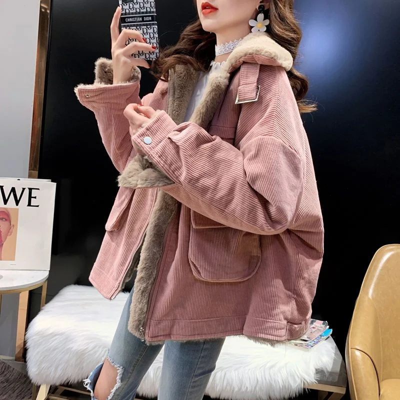 Women's Fleece Lining Zipper Lambswool Cotton Coat Autumn Winter Jacket Women Corduroy Parkas Loose Thicken Warm Short Coat C365