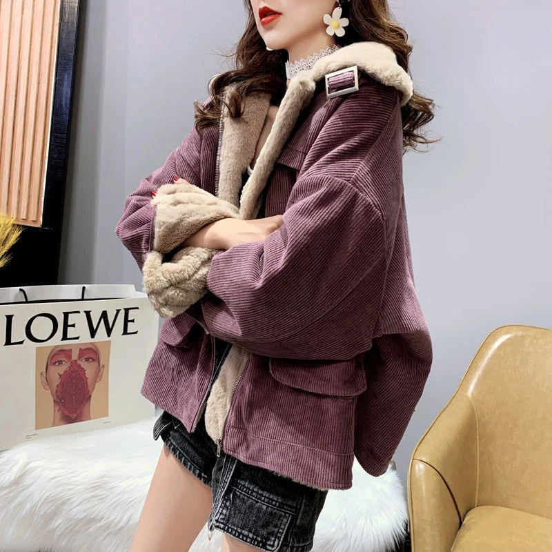 Women's Fleece Lining Zipper Lambswool Cotton Coat Autumn Winter Jacket Women Corduroy Parkas Loose Thicken Warm Short Coat C365