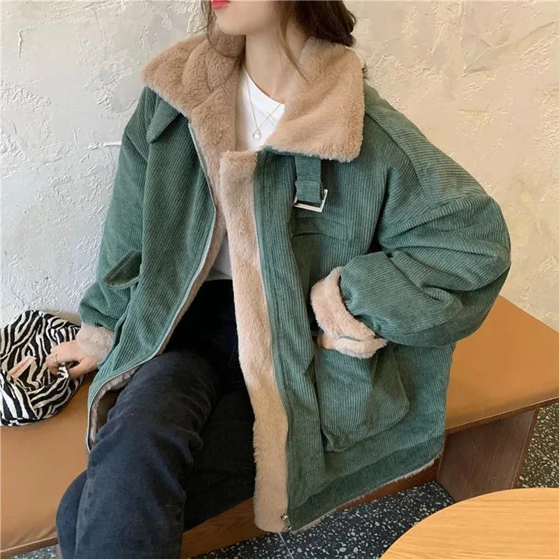 Women's Fleece Lining Zipper Lambswool Cotton Coat Autumn Winter Jacket Women Corduroy Parkas Loose Thicken Warm Short Coat C365