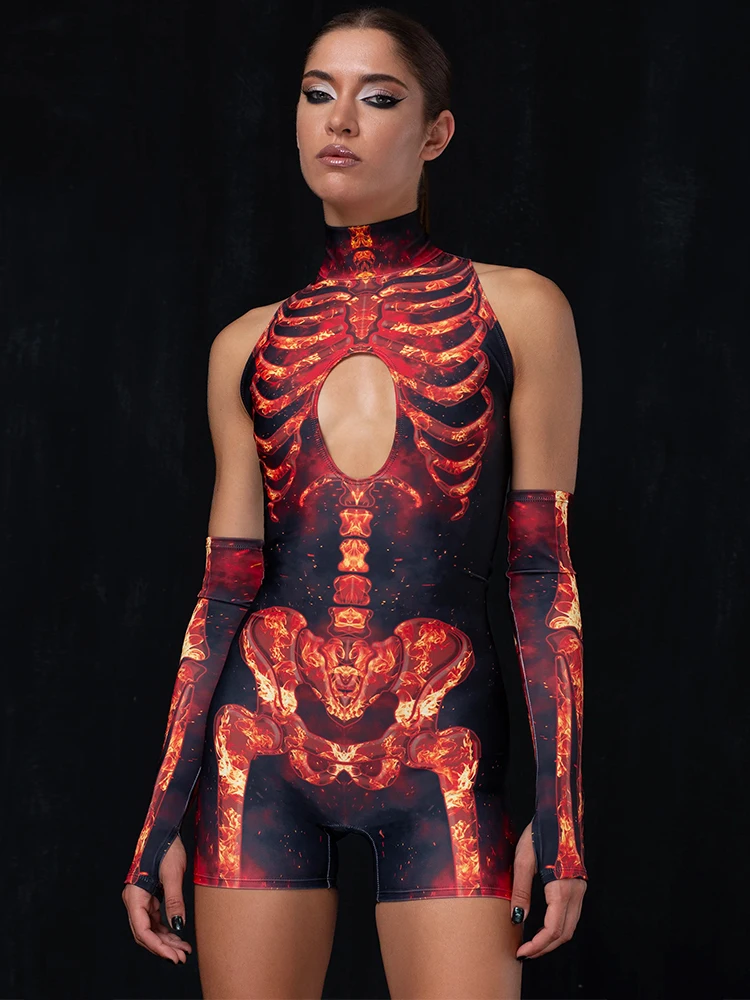 Bone Printed Playsuit Women Y2K Jumpsuits High Waist Hollow Out Gloves Bodycon Short Sleeves Rompers Sexy Club Bodysuits Female