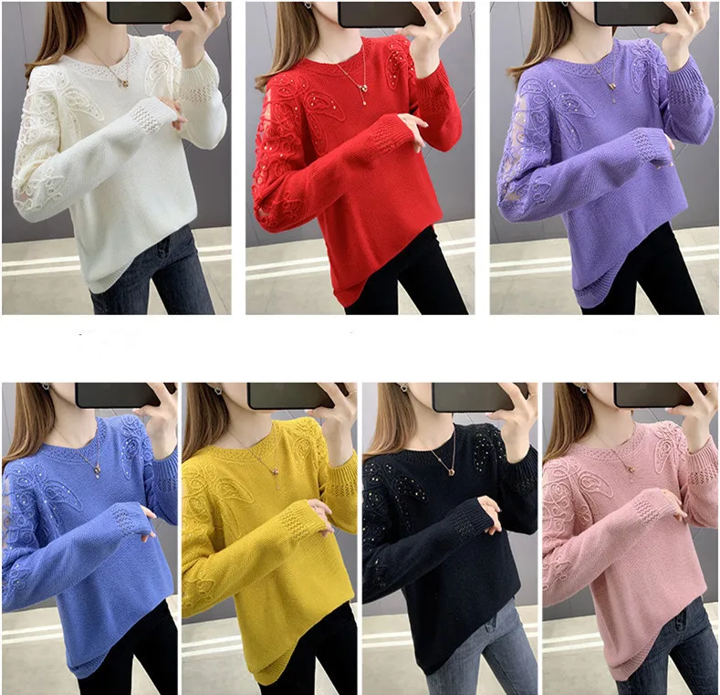 Hollow Out Knit Woman Sweater Spring Autumn New Lace Long Sleeve Pullovers Bottoming Womens Clothing O-neck Pull Femme Tops