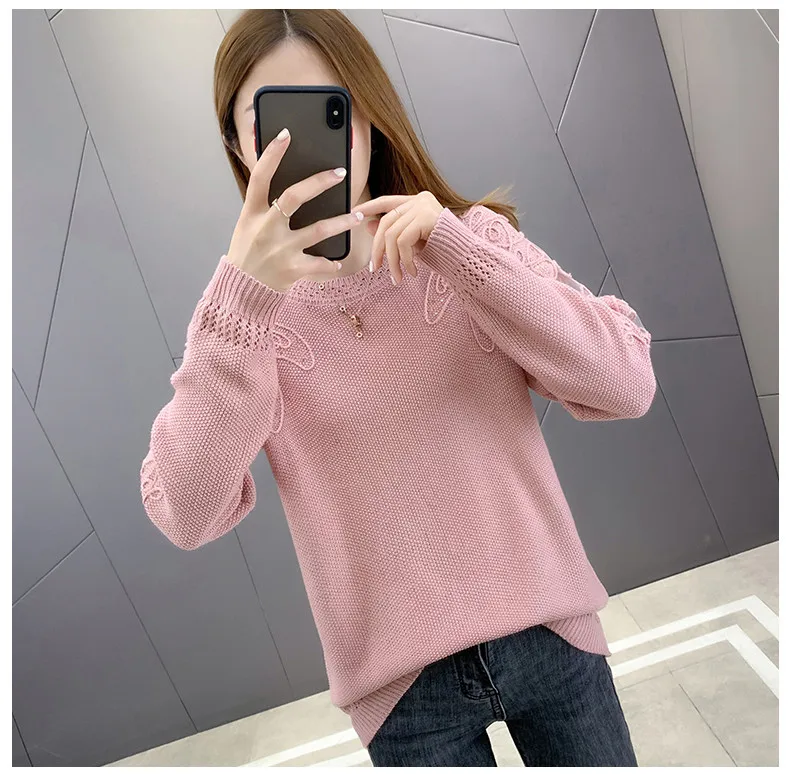 Hollow Out Knit Woman Sweater Spring Autumn New Lace Long Sleeve Pullovers Bottoming Womens Clothing O-neck Pull Femme Tops