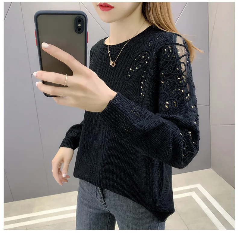 Hollow Out Knit Woman Sweater Spring Autumn New Lace Long Sleeve Pullovers Bottoming Womens Clothing O-neck Pull Femme Tops