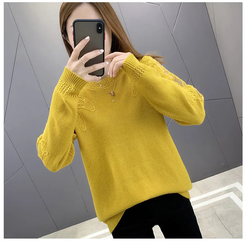 Hollow Out Knit Woman Sweater Spring Autumn New Lace Long Sleeve Pullovers Bottoming Womens Clothing O-neck Pull Femme Tops