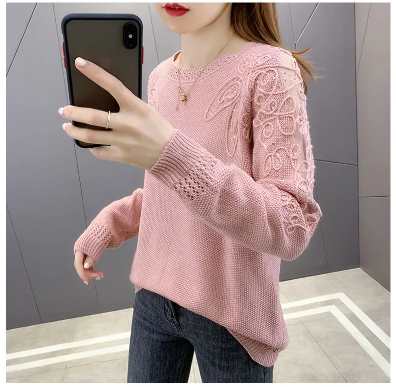 Hollow Out Knit Woman Sweater Spring Autumn New Lace Long Sleeve Pullovers Bottoming Womens Clothing O-neck Pull Femme Tops