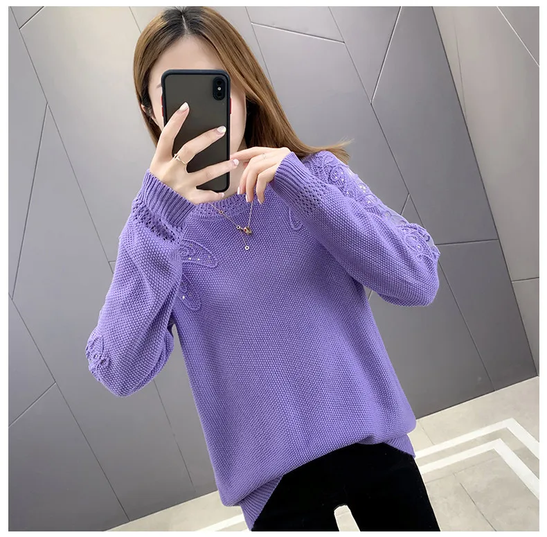 Hollow Out Knit Woman Sweater Spring Autumn New Lace Long Sleeve Pullovers Bottoming Womens Clothing O-neck Pull Femme Tops