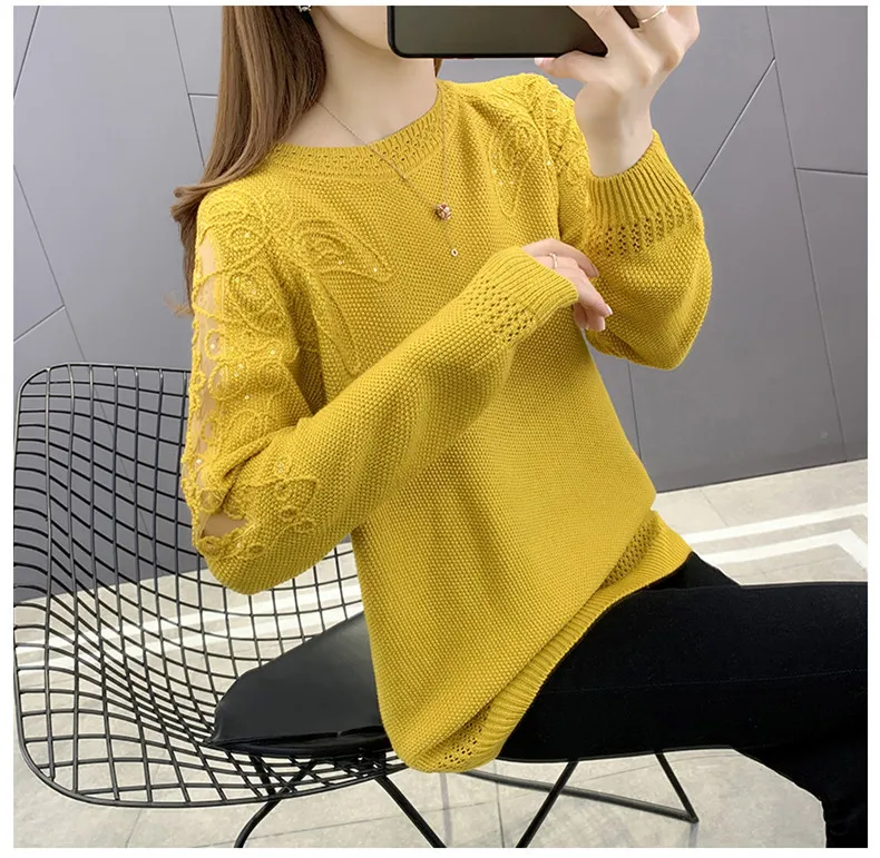 Hollow Out Knit Woman Sweater Spring Autumn New Lace Long Sleeve Pullovers Bottoming Womens Clothing O-neck Pull Femme Tops