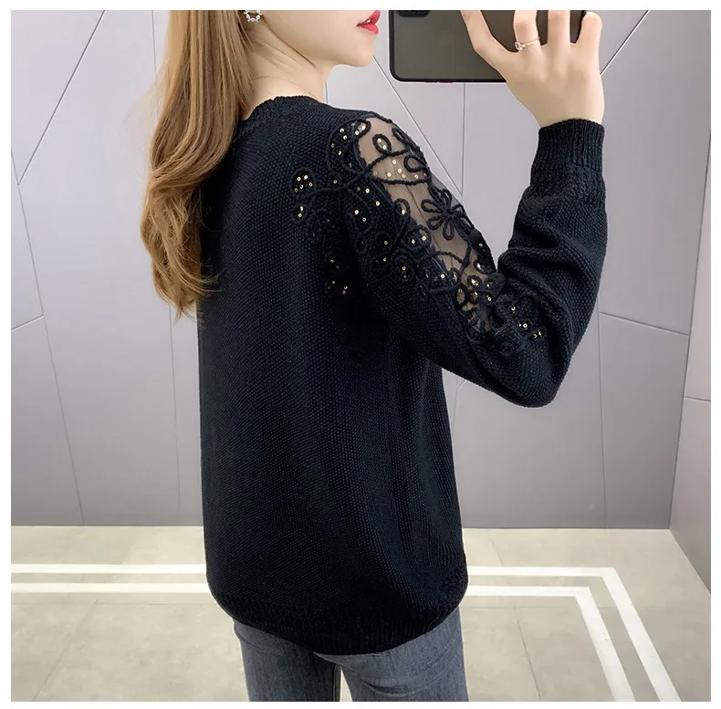 Hollow Out Knit Woman Sweater Spring Autumn New Lace Long Sleeve Pullovers Bottoming Womens Clothing O-neck Pull Femme Tops