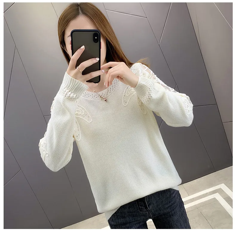 Hollow Out Knit Woman Sweater Spring Autumn New Lace Long Sleeve Pullovers Bottoming Womens Clothing O-neck Pull Femme Tops