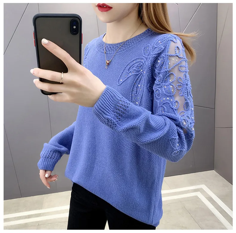 Hollow Out Knit Woman Sweater Spring Autumn New Lace Long Sleeve Pullovers Bottoming Womens Clothing O-neck Pull Femme Tops