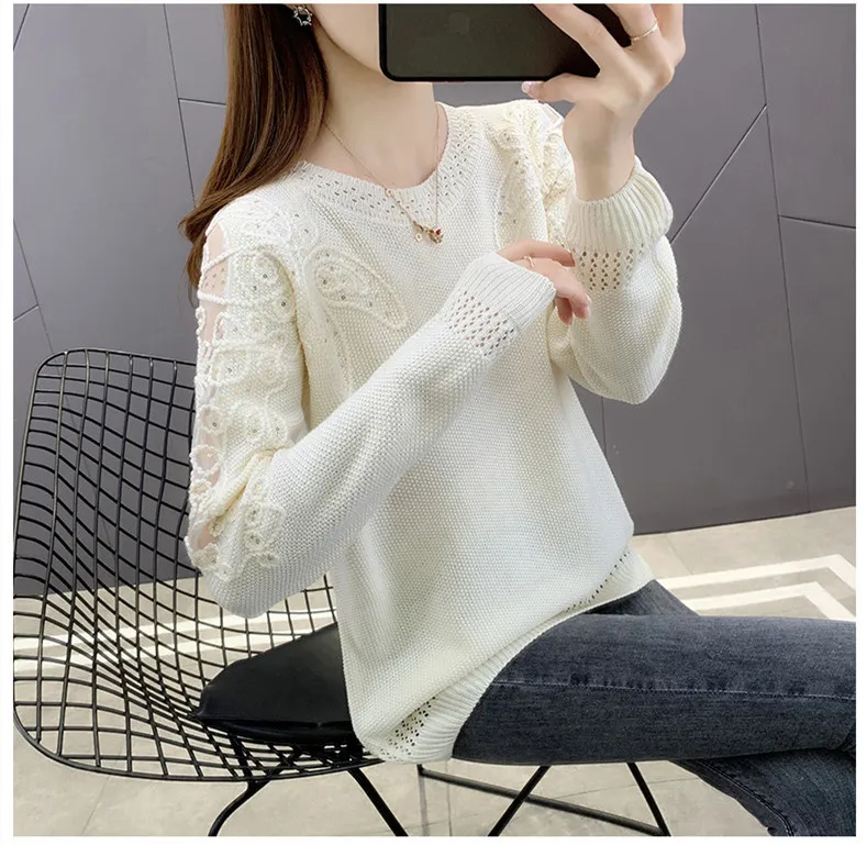 Hollow Out Knit Woman Sweater Spring Autumn New Lace Long Sleeve Pullovers Bottoming Womens Clothing O-neck Pull Femme Tops