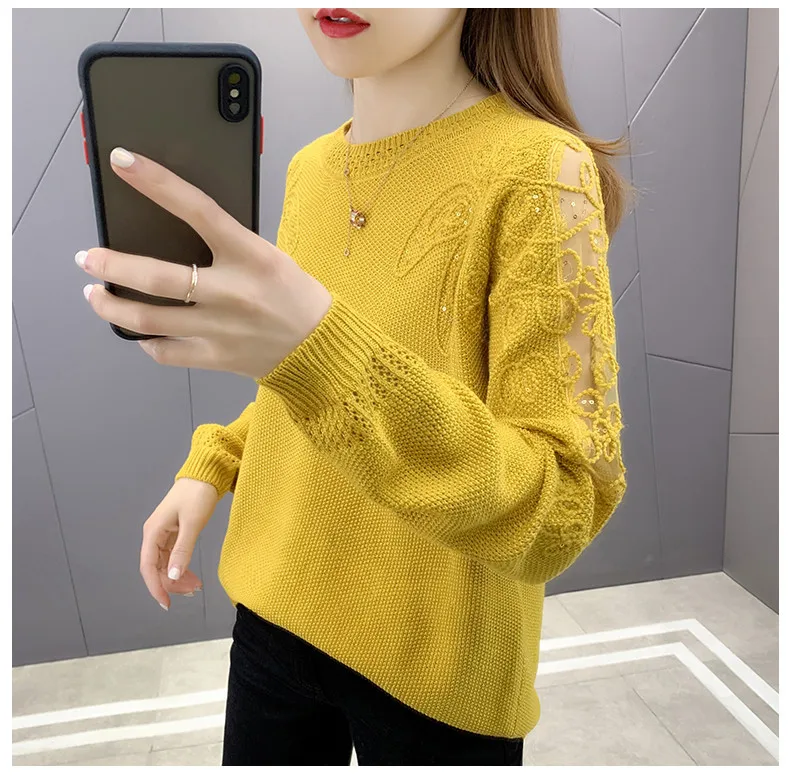 Hollow Out Knit Woman Sweater Spring Autumn New Lace Long Sleeve Pullovers Bottoming Womens Clothing O-neck Pull Femme Tops