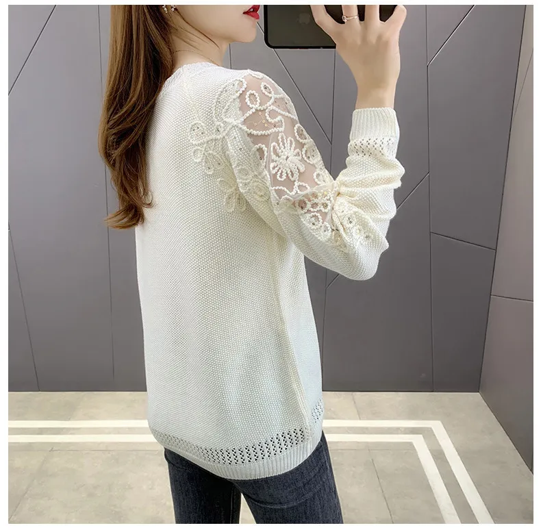 Hollow Out Knit Woman Sweater Spring Autumn New Lace Long Sleeve Pullovers Bottoming Womens Clothing O-neck Pull Femme Tops