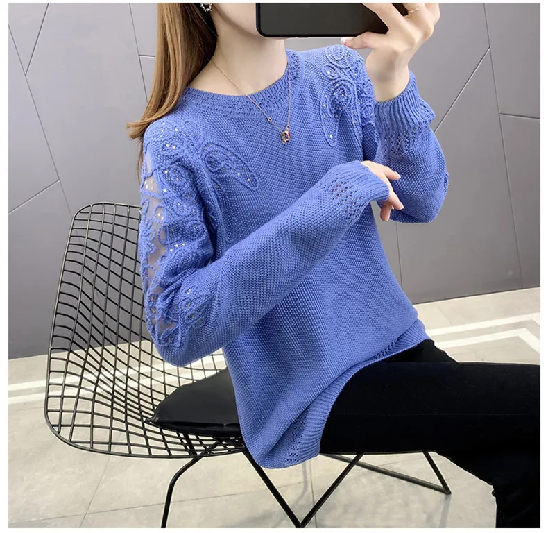 Hollow Out Knit Woman Sweater Spring Autumn New Lace Long Sleeve Pullovers Bottoming Womens Clothing O-neck Pull Femme Tops