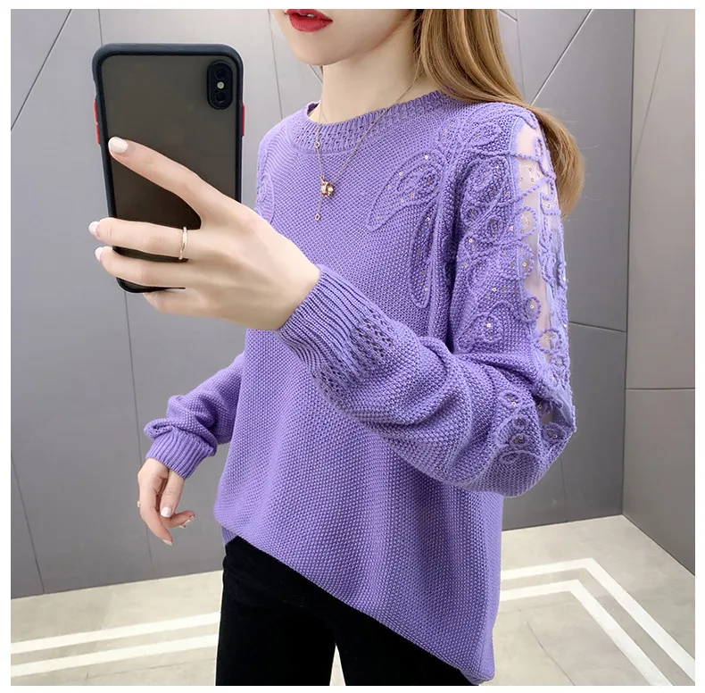 Hollow Out Knit Woman Sweater Spring Autumn New Lace Long Sleeve Pullovers Bottoming Womens Clothing O-neck Pull Femme Tops