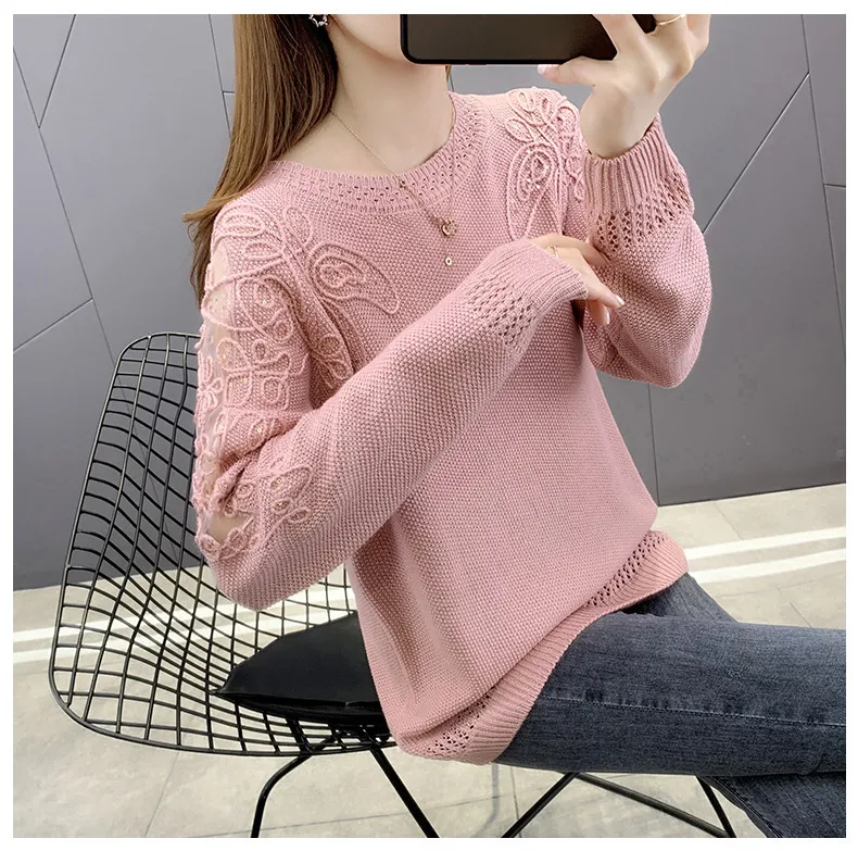 Hollow Out Knit Woman Sweater Spring Autumn New Lace Long Sleeve Pullovers Bottoming Womens Clothing O-neck Pull Femme Tops