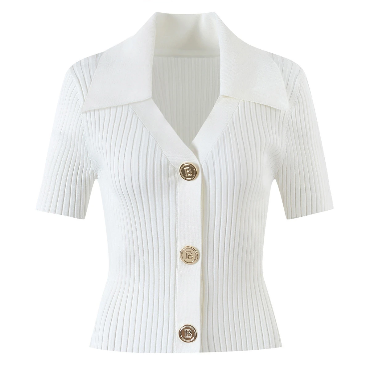 SML High Quality Fashion High Elastic Knitted Polo Collar B Button V-Neck Button Short Sleeve Slim Fit Casual Women's Cardigan