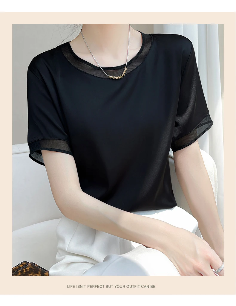 Silk Women's T-Shirts Summer O-Neck Short Sleeve Tees Casual Solid Color Bottom Lace T-Shirt Loose Female Tops Pullover Clothe