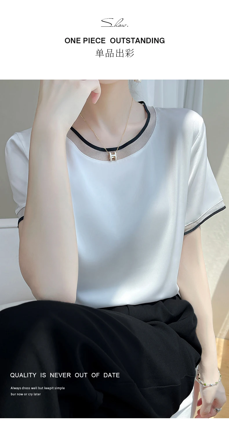 Silk Women's T-Shirts Summer O-Neck Short Sleeve Tees Casual Solid Color Bottom Lace T-Shirt Loose Female Tops Pullover Clothe