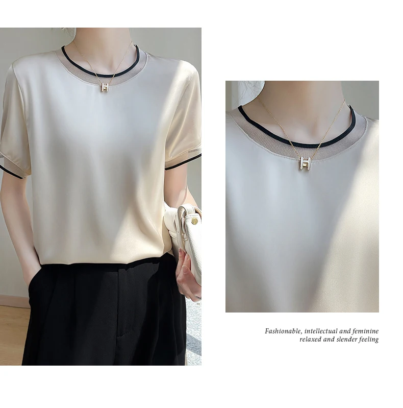 Silk Women's T-Shirts Summer O-Neck Short Sleeve Tees Casual Solid Color Bottom Lace T-Shirt Loose Female Tops Pullover Clothe