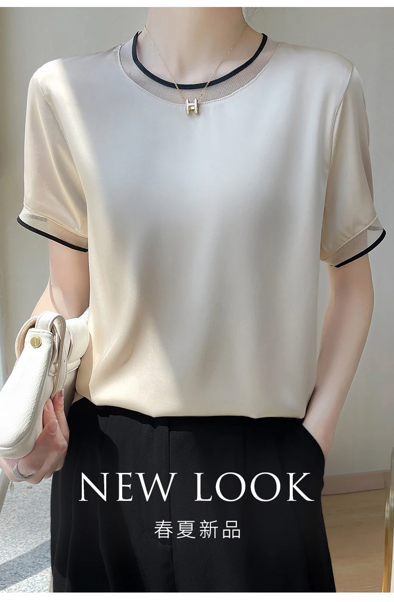Silk Women's T-Shirts Summer O-Neck Short Sleeve Tees Casual Solid Color Bottom Lace T-Shirt Loose Female Tops Pullover Clothe