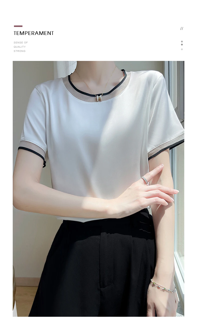 Silk Women's T-Shirts Summer O-Neck Short Sleeve Tees Casual Solid Color Bottom Lace T-Shirt Loose Female Tops Pullover Clothe