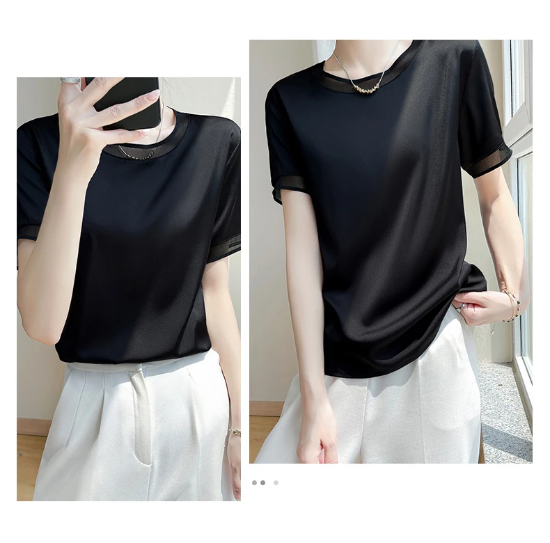 Silk Women's T-Shirts Summer O-Neck Short Sleeve Tees Casual Solid Color Bottom Lace T-Shirt Loose Female Tops Pullover Clothe