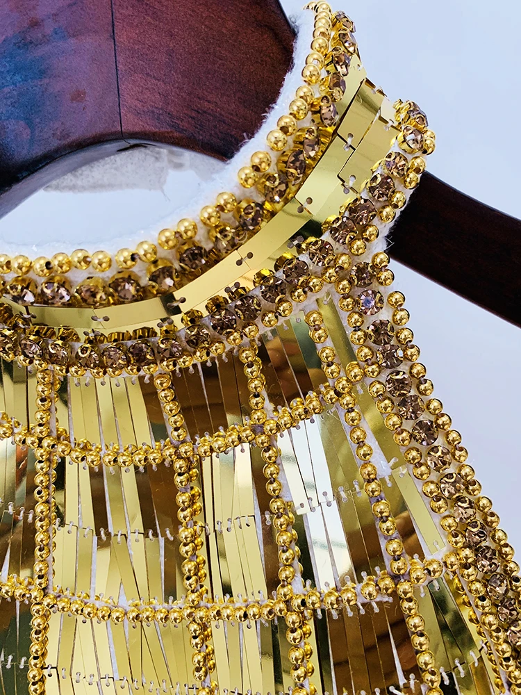 HIGH STREET Newest Fashion 2026 Designer Tops Women's Stunning Metallic Diamonds Beaded Halter Neck Tweed Camis Tank Tops