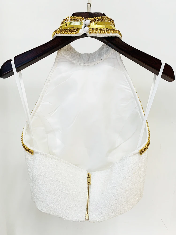 HIGH STREET Newest Fashion 2026 Designer Tops Women's Stunning Metallic Diamonds Beaded Halter Neck Tweed Camis Tank Tops