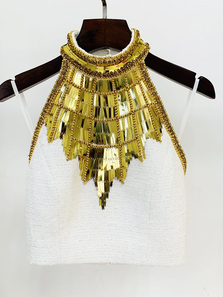 HIGH STREET Newest Fashion 2026 Designer Tops Women's Stunning Metallic Diamonds Beaded Halter Neck Tweed Camis Tank Tops