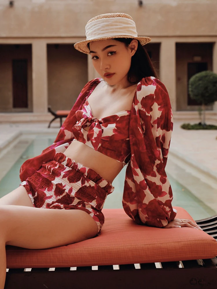 TWOTWINSTYLE Sexy Two Piece Set For Women Square Collar Long Sleeve Tops High Waist Shorts Print Colorblock Sets Female Clothes
