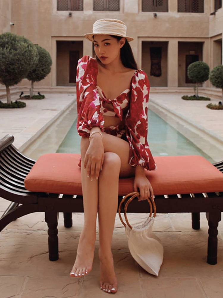 TWOTWINSTYLE Sexy Two Piece Set For Women Square Collar Long Sleeve Tops High Waist Shorts Print Colorblock Sets Female Clothes