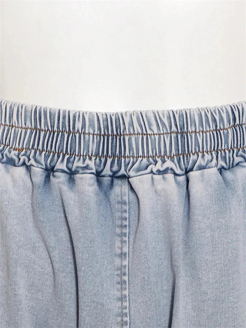 Vintage Denim Two Piece Sets Women Sleeveless Strapless Slim Fit Vest Top and Elastic High Waist Pocket Straight Wide Leg Pants