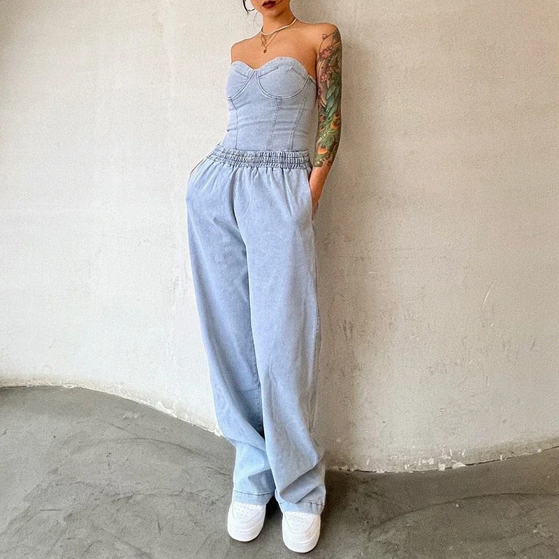 Vintage Denim Two Piece Sets Women Sleeveless Strapless Slim Fit Vest Top and Elastic High Waist Pocket Straight Wide Leg Pants