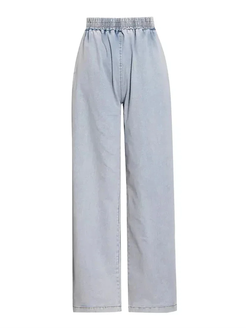 Vintage Denim Two Piece Sets Women Sleeveless Strapless Slim Fit Vest Top and Elastic High Waist Pocket Straight Wide Leg Pants