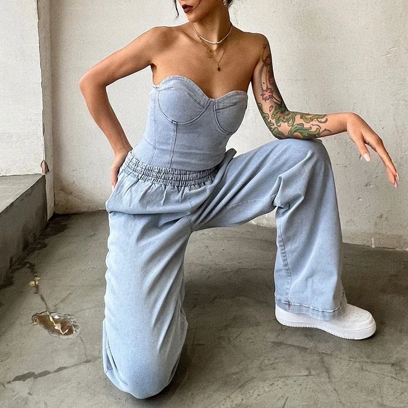 Vintage Denim Two Piece Sets Women Sleeveless Strapless Slim Fit Vest Top and Elastic High Waist Pocket Straight Wide Leg Pants