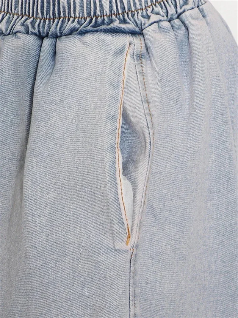 Vintage Denim Two Piece Sets Women Sleeveless Strapless Slim Fit Vest Top and Elastic High Waist Pocket Straight Wide Leg Pants