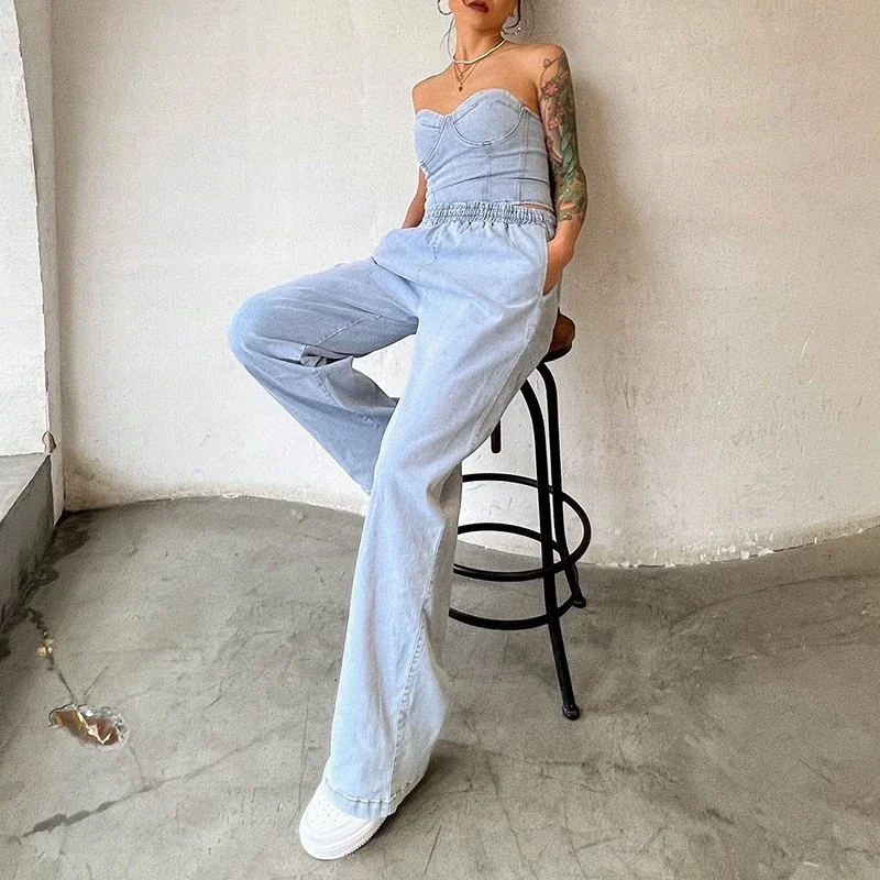Vintage Denim Two Piece Sets Women Sleeveless Strapless Slim Fit Vest Top and Elastic High Waist Pocket Straight Wide Leg Pants