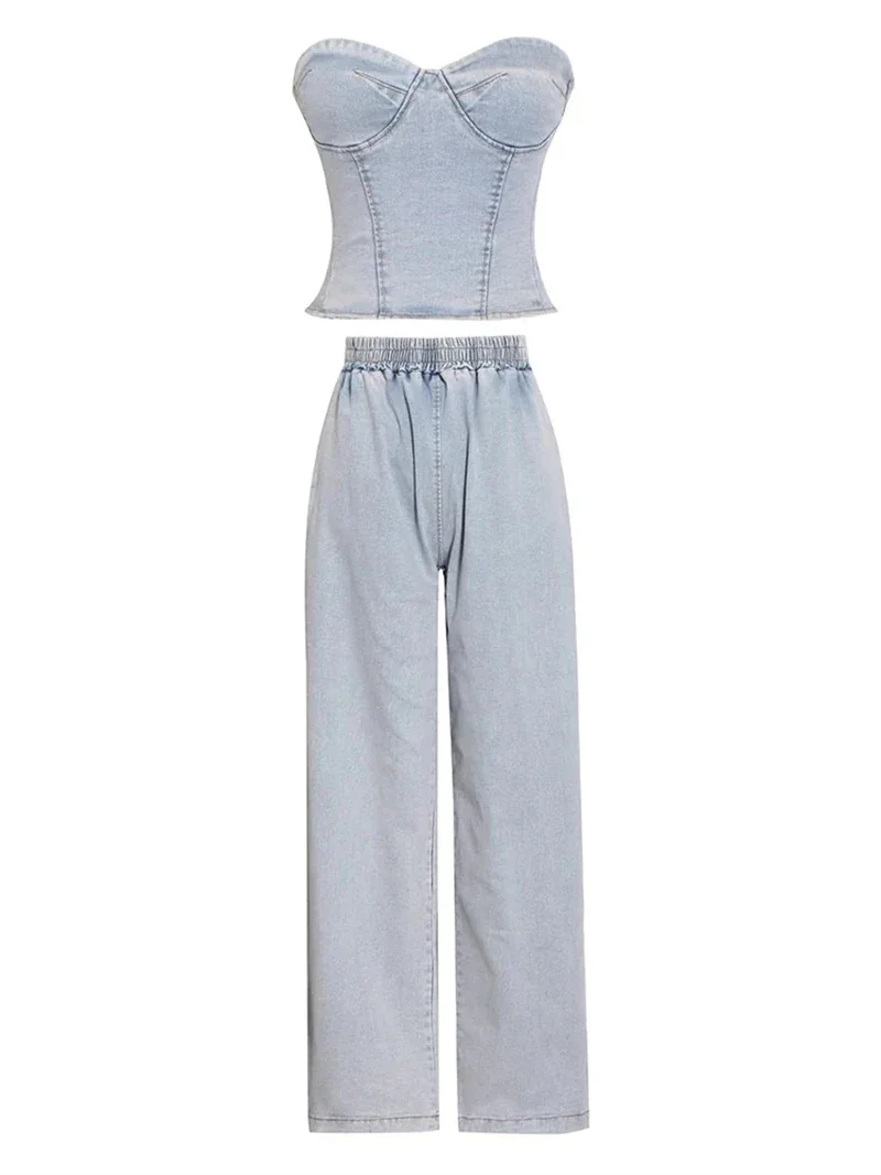 Vintage Denim Two Piece Sets Women Sleeveless Strapless Slim Fit Vest Top and Elastic High Waist Pocket Straight Wide Leg Pants