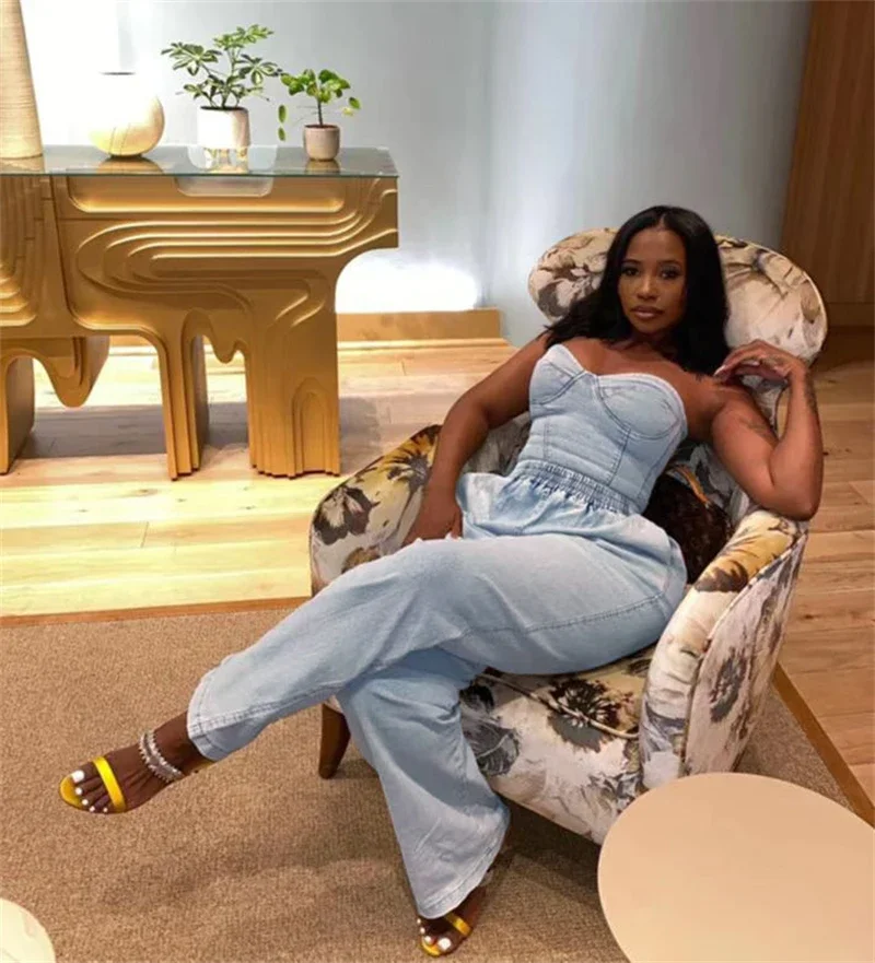 Vintage Denim Two Piece Sets Women Sleeveless Strapless Slim Fit Vest Top and Elastic High Waist Pocket Straight Wide Leg Pants
