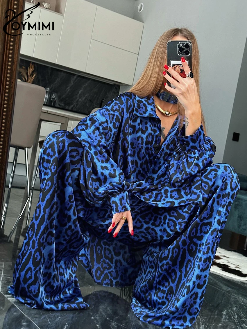 Oymimi Fashion Leopard Print 2 Piece Sets Women Outfit 2023 Elegant Long Sleeve Shirt With High Waist Wide Pants Set Streetwear