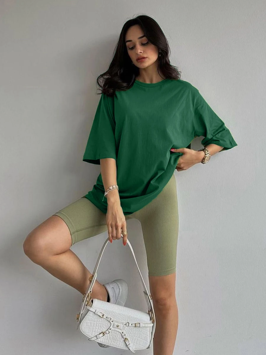 Hirsionsan 100% Cotton T Shirt Women 2024 Summer New Oversized Solid Tees Casual Basic Loose Tshirt Chic O Neck Female Tops