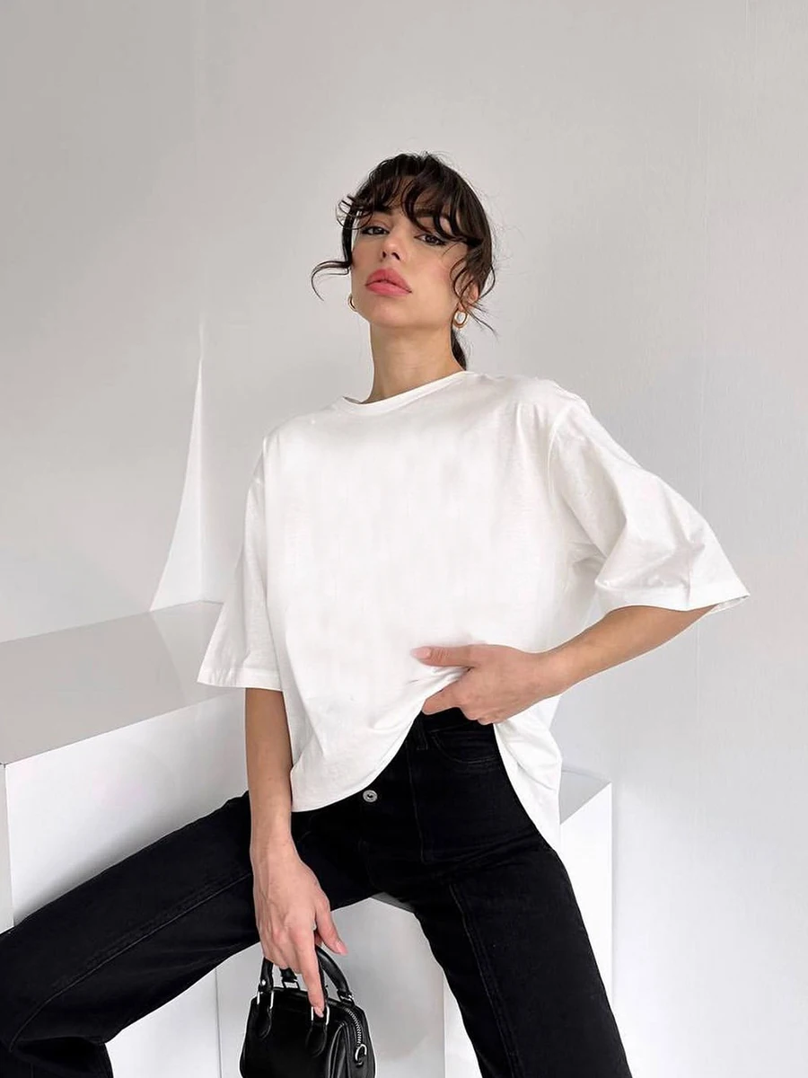 Hirsionsan 100% Cotton T Shirt Women 2024 Summer New Oversized Solid Tees Casual Basic Loose Tshirt Chic O Neck Female Tops